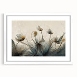 Muted Blue & Gold Floral Elegance - Contemporary Living Room Art