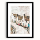 Abstract architectural wall art framed in black, showcasing geometric shapes and modern design elements, set against a sleek white mat for an elegant display.