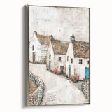 Abstract wall art featuring a silver-framed canvas with a contemporary architectural design, showcasing geometric shapes and textures, perfect for modern home decor.