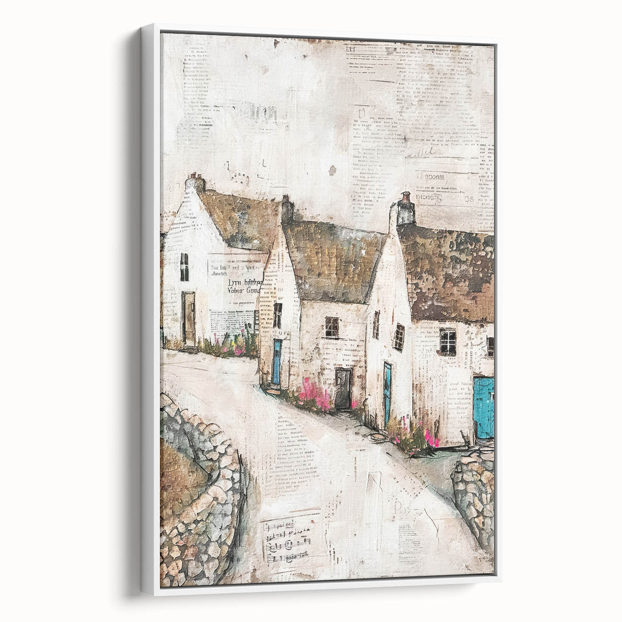 Abstract framed canvas wall art depicting modern architecture with geometric shapes in a white frame, adding a contemporary touch to any room decor.