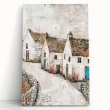 Abstract architecture wall art on a stretched canvas, showcasing geometric shapes and muted colors, leaning against a textured wall, perfect for modern decor.