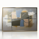 Abstract geometric framed acrylic artwork in gold tones, showcasing intricate shapes and patterns, ideal for modern decor. Perfect for adding elegance to living spaces.