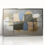 Abstract geometric framed acrylic artwork in silver tones, showcasing modern design elements with sharp angles and fluid shapes, perfect for contemporary decor.