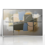 Abstract geometric artwork featuring bold white and blue shapes, elegantly framed in acrylic, perfect for modern home decor and enhancing contemporary interiors.