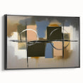 Framed abstract geometric canvas artwork in black, showcasing a modern design with sharp angles and contrasting colors, perfect for contemporary home decor.