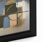 Close-up of a geometric abstract framed canvas artwork, showcasing vibrant colors and intricate patterns, ideal for modern home decor accents.