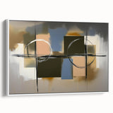 Abstract geometric framed canvas art in a sleek white frame, showcasing bold shapes and colors, ideal for modern home decor and artistic enhancement.