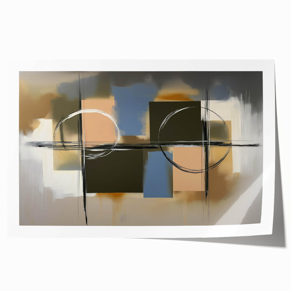 Abstract geometric rolled print showcasing vibrant colors and intricate shapes, designed to enhance modern interiors; securely packaged for safe delivery.