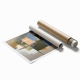 Abstract geometric art print showcasing vibrant colors of blue, orange, and yellow, designed for modern home decor, rolled and ready for framing.