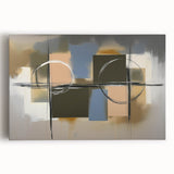 Abstract geometric stretched canvas artwork in vibrant colors, featuring intricate shapes and patterns, perfect for modern home decor. Ideal for contemporary spaces.