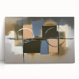 Abstract geometric canvas art featuring bold colors and dynamic shapes, leaning against a neutral wall, perfect for modern home decor and artistic expression.