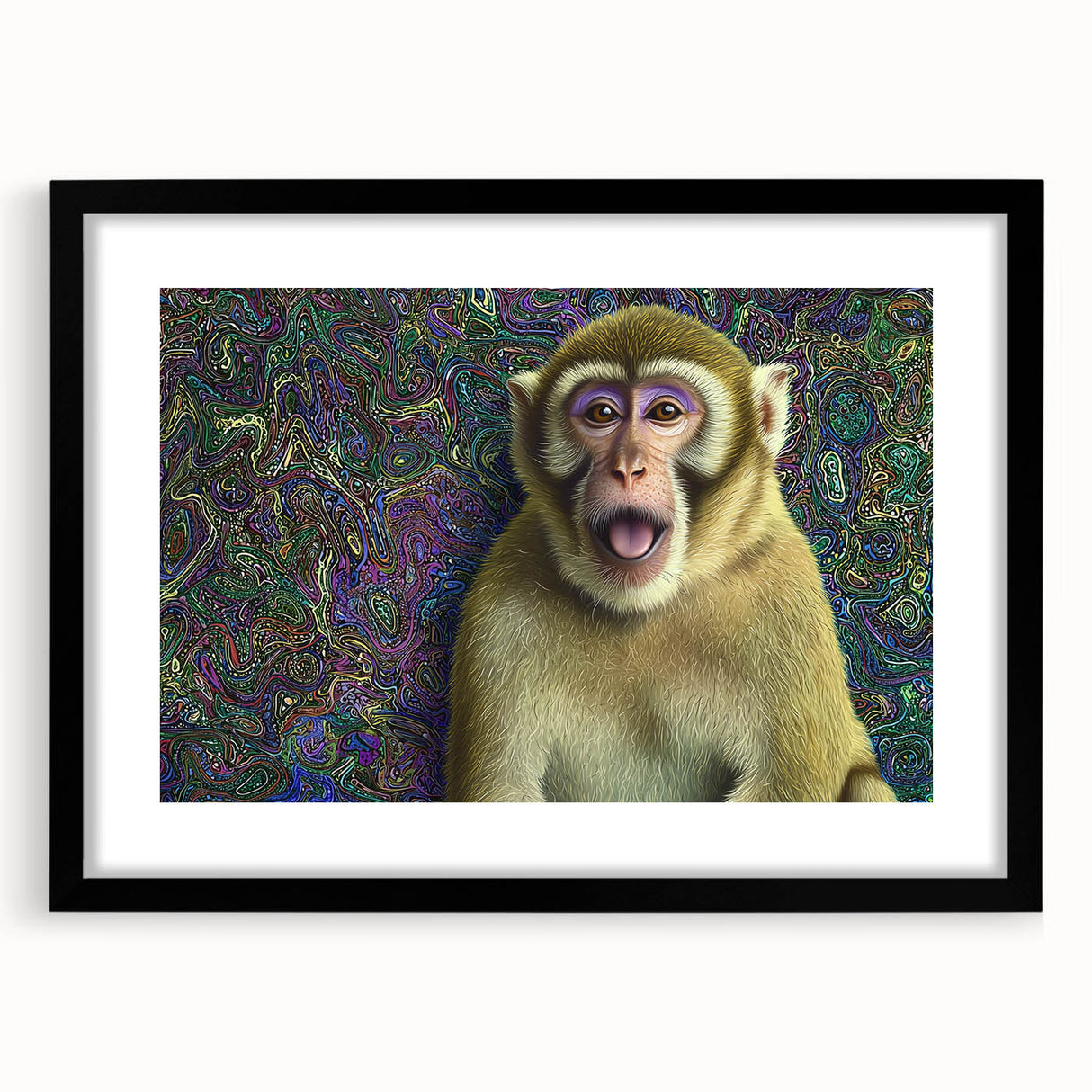Black-framed animal art print with a white mat, showcasing a vibrant wildlife scene. The design features intricate details, perfect for modern home decor.