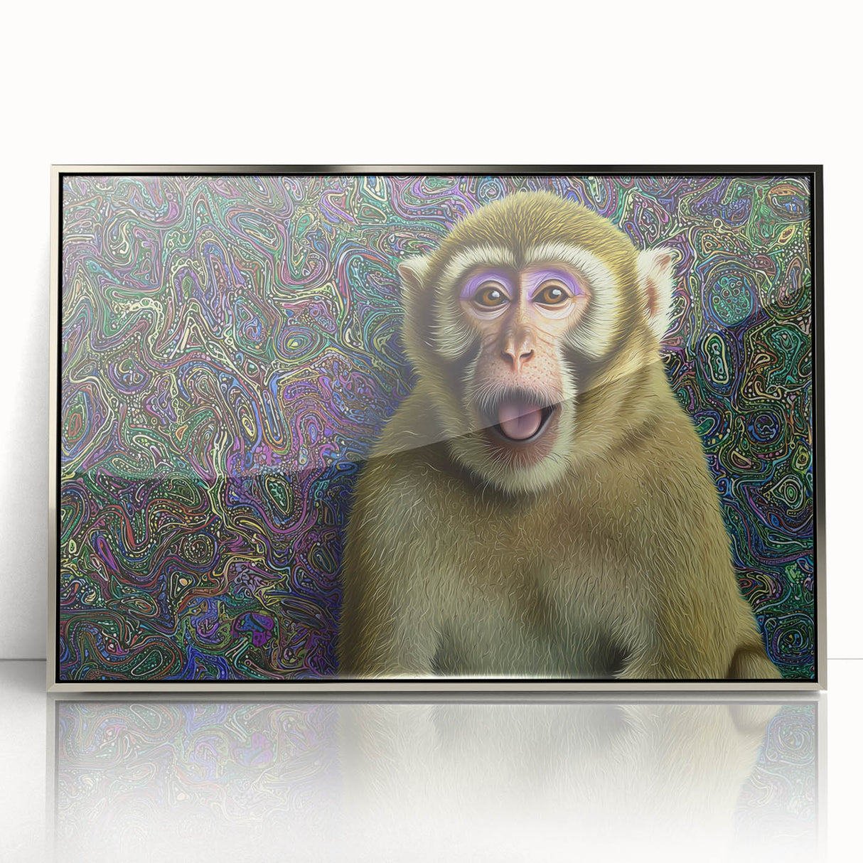 Framed acrylic wall art featuring a vibrant silver design showcasing intricate animal motifs, perfect for adding a modern touch to home decor. The artwork is displayed in a sleek frame, emphasizing its contemporary style and artistic details.