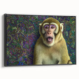 Framed canvas showcasing a vibrant animal-themed design with bold colors and intricate details, featuring a sleek black frame ideal for modern decor.