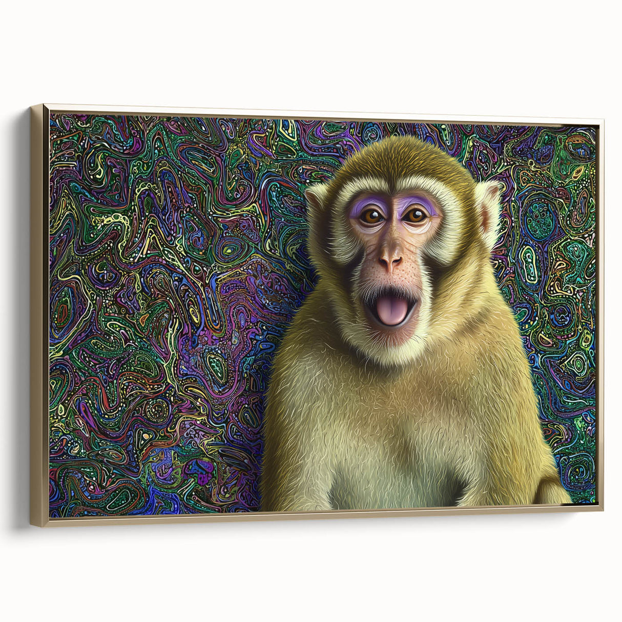 Framed canvas artwork showcasing a vibrant animal design with gold accents, viewed from the side, ideal for home decor or office enhancement. Perfect for animal lovers and art collectors.