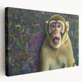Stretched canvas artwork displaying a vibrant jungle scene with colorful animals, set against a lush green background, ideal for home decor or children's rooms. This beautiful piece enhances any space with its lively design and intricate details.