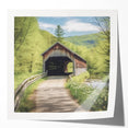 Covered bridge in autumn depicted on a large glossy photo print, suitable for art wall dining room.