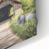 Mid-century modernist large abstract wall art of a covered bridge, in muted gray tones on acrylic glass.