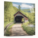 Side view of a large abstract wall art depicting a covered bridge, printed on acrylic glass.