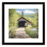 Extra large abstract art print featuring a colorful, textured depiction of a covered bridge, framed in black.