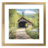 Extra large abstract art print featuring a textured depiction of a covered bridge, in gold frame.