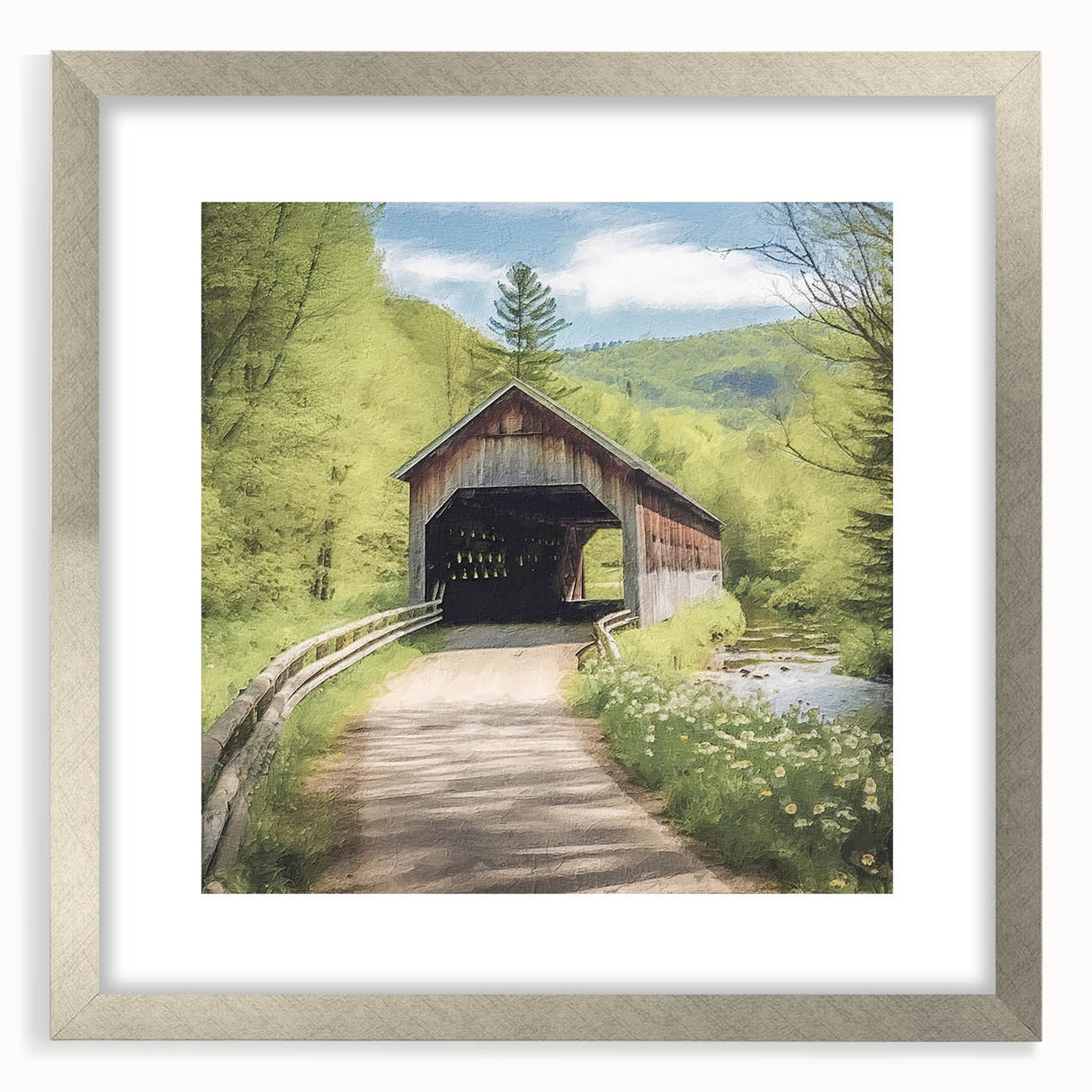 Textured art print of a covered bridge in abstract style, rendered in muted gray, framed in silver, ideal for bedroom art.