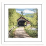Abstract art print of a covered bridge in muted gray and blue tones, framed with a white mat, suitable for dining room decor.