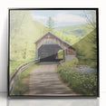 Large abstract wall art depicting a covered bridge, rendered in black and white on a framed acrylic.