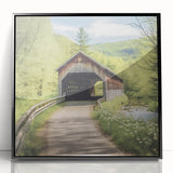 Large abstract wall art depicting a covered bridge, rendered in black and white on a framed acrylic.