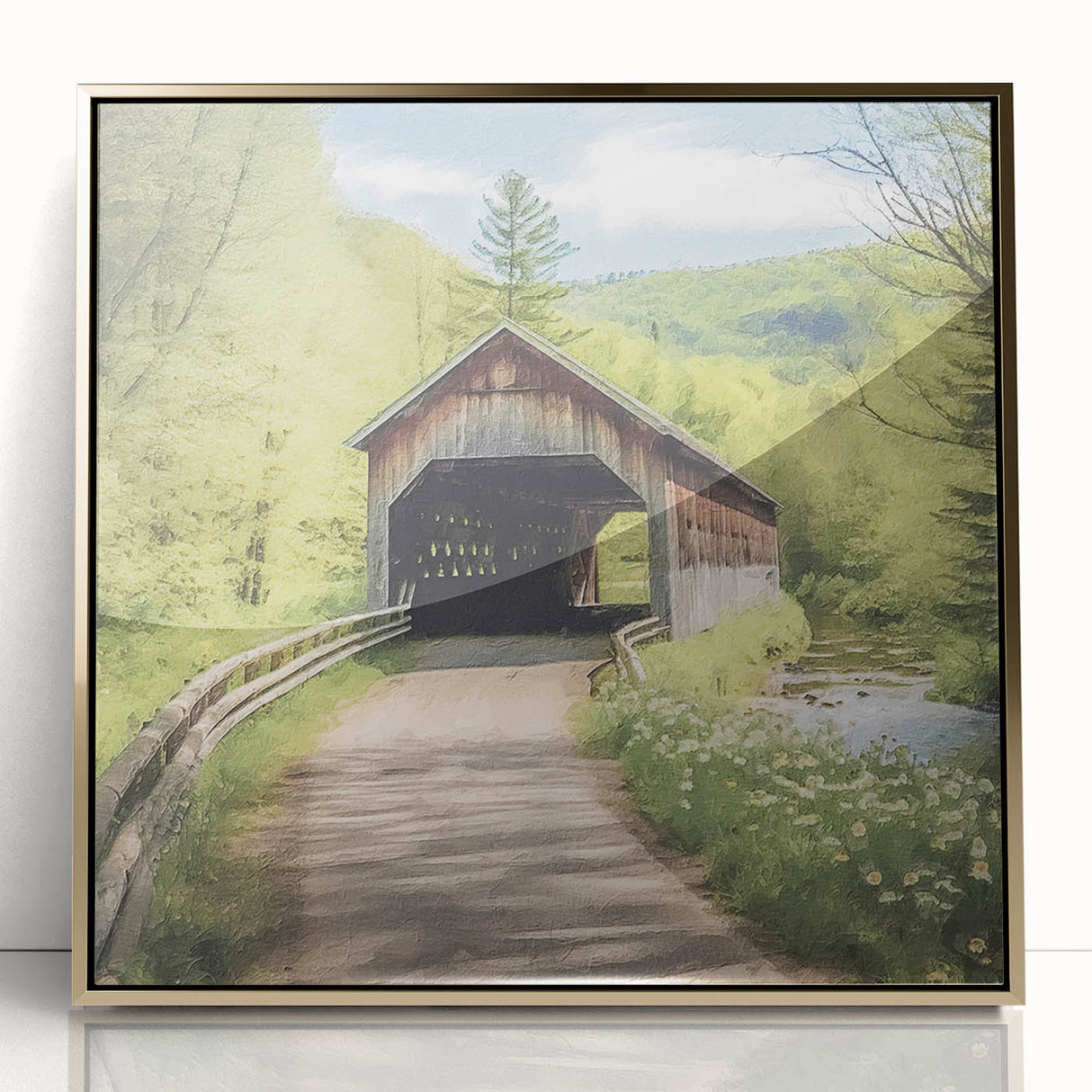 Mid-century modernist style large art print of a covered bridge in acrylic, framed in gold.