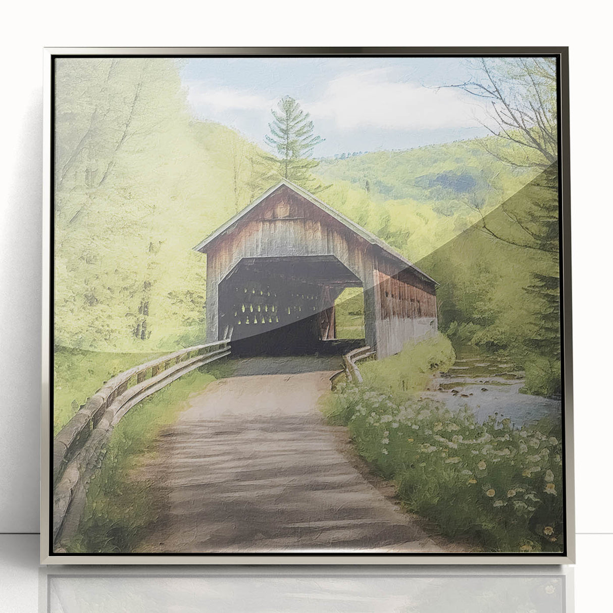 Mid-century modernist acrylic print of a covered bridge in muted earth tones, ideal for nursery wall decor.