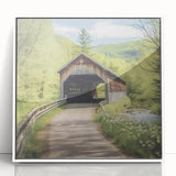 Art deco poster of a covered bridge in muted gray and blue tones, framed acrylic.
