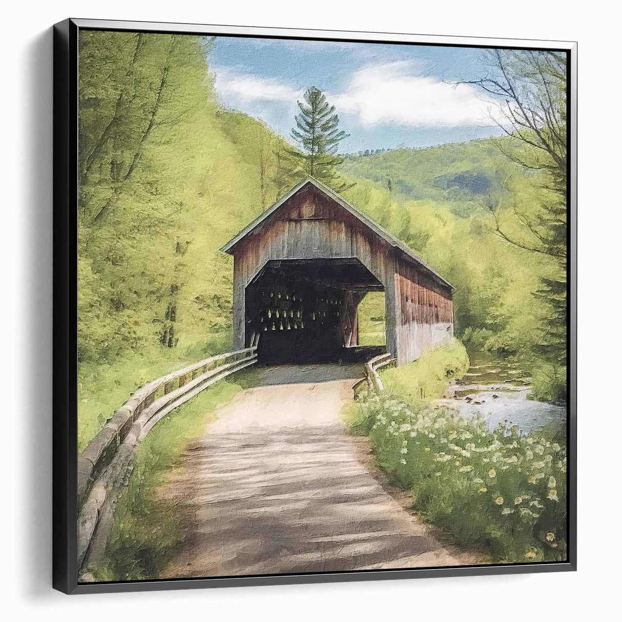 Black and white framed canvas of a vintage-style covered bridge landscape, suitable for bedroom decor.