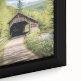 Black wall art featuring a close-up of a textured, colorful covered bridge on a framed canvas, ideal for living room decor.