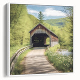 Framed canvas of a vintage poster featuring a covered bridge in muted black and white, ideal for living room decor.
