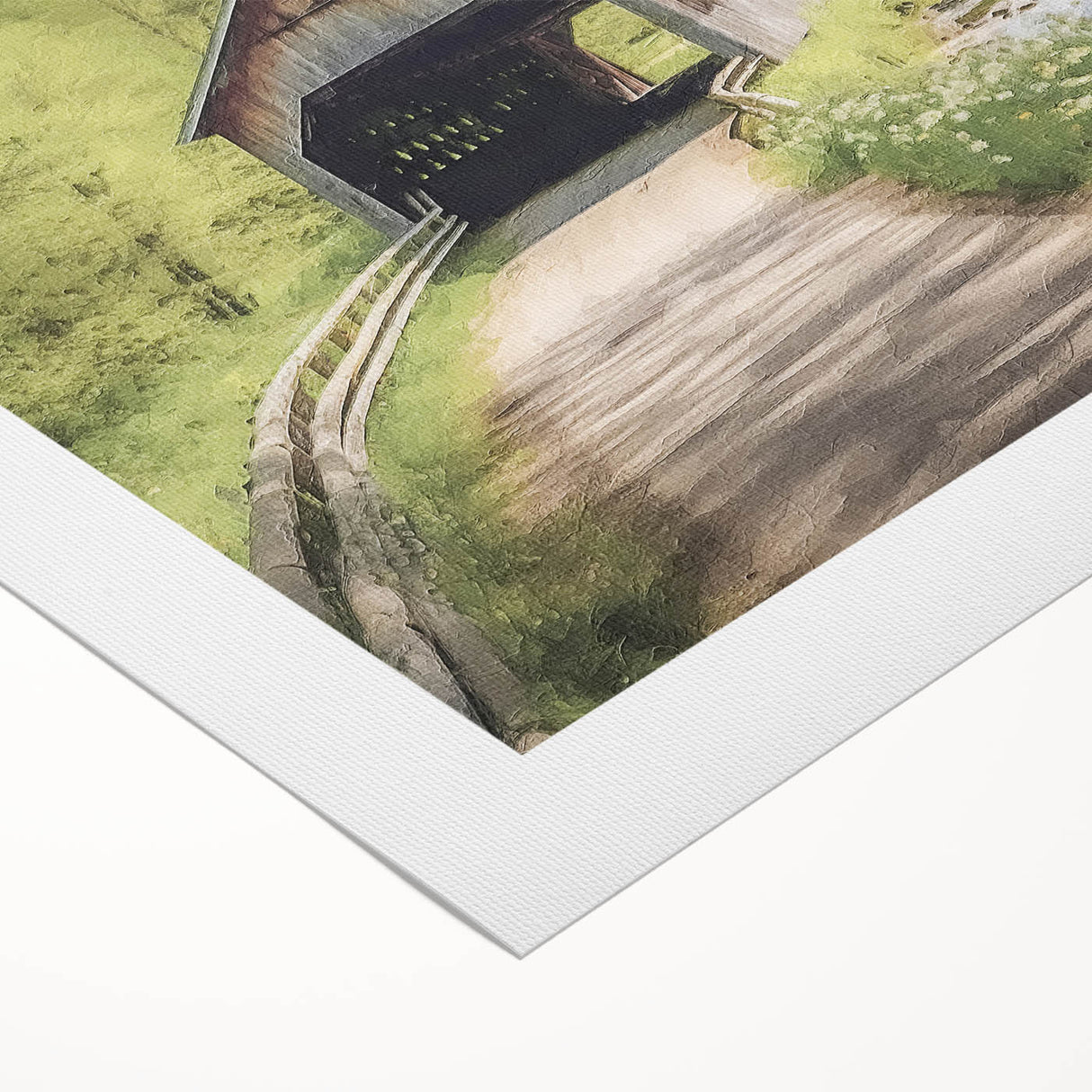 Art deco poster of a covered bridge in muted brown and beige tones on rolled canvas, suitable for dining room decor.
