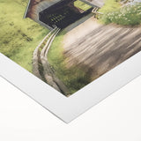 Art deco poster of a covered bridge in muted brown and beige tones on rolled canvas, suitable for dining room decor.