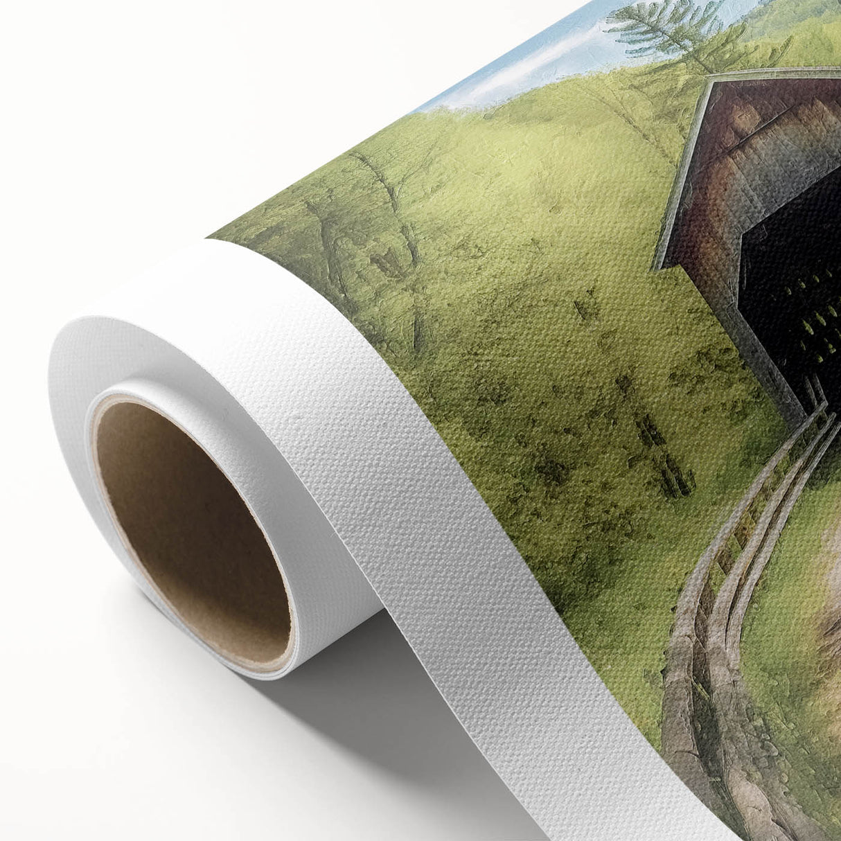 Art Deco style poster of an architecture-covered bridge in muted gray tones on rolled canvas, ideal for nursery wall art.