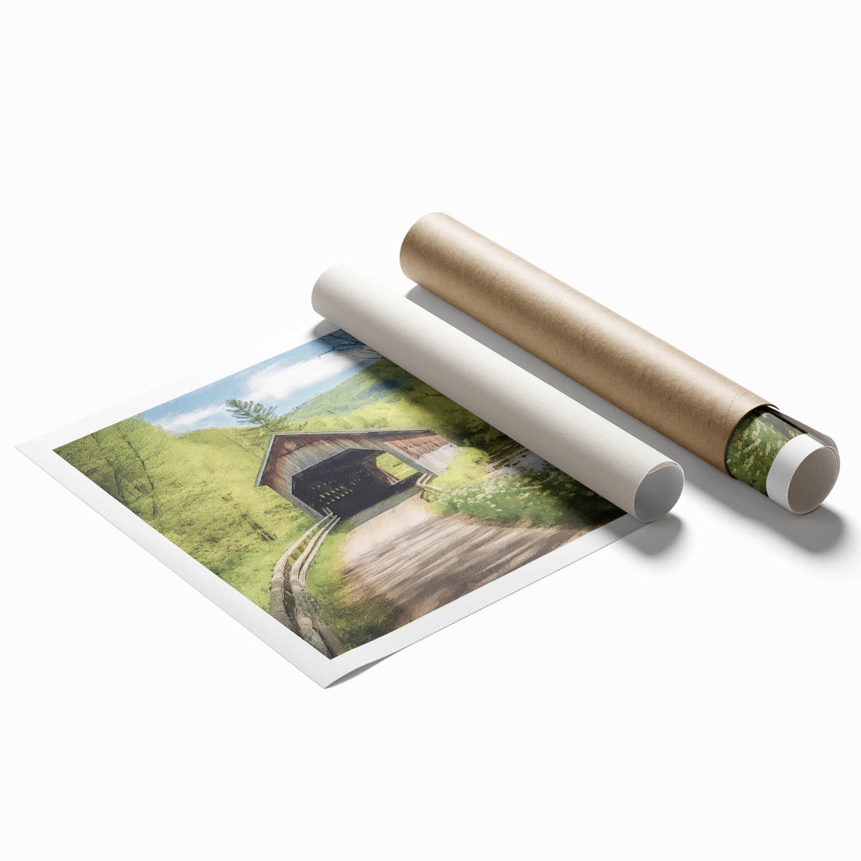 Extra large rolled print of a covered bridge in muted earth tones, ideal for classy bathroom wall art.