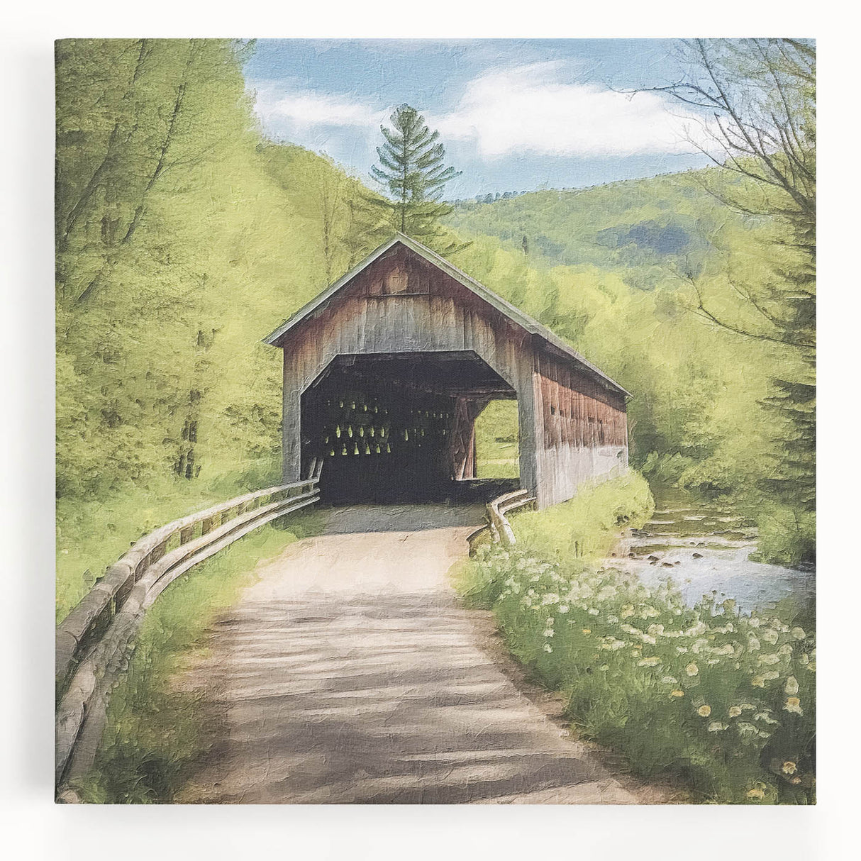 Black and white photo of a covered bridge on stretched canvas, suitable as large kitchen wall art.