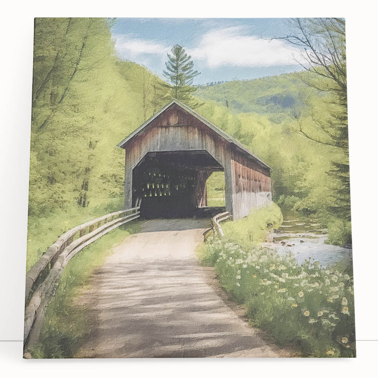 Black and white photo of a covered bridge on stretched canvas, ideal for kitchen wall art or bedroom decor.