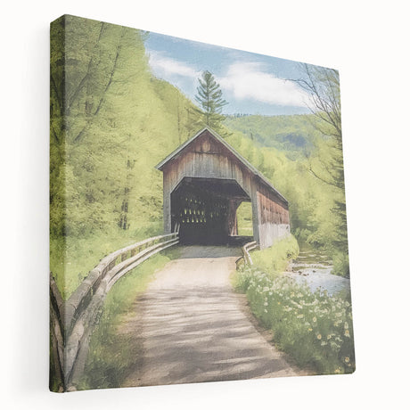 Side view of a large stretched canvas depicting a covered bridge in muted earth tones, suitable for kitchen wall art.