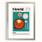 Textured art depicting various abstract food dishes in muted earth tones, framed in silver.