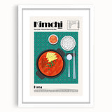 Abstract art print featuring assorted food dishes in muted earth tones, framed with a white mat.