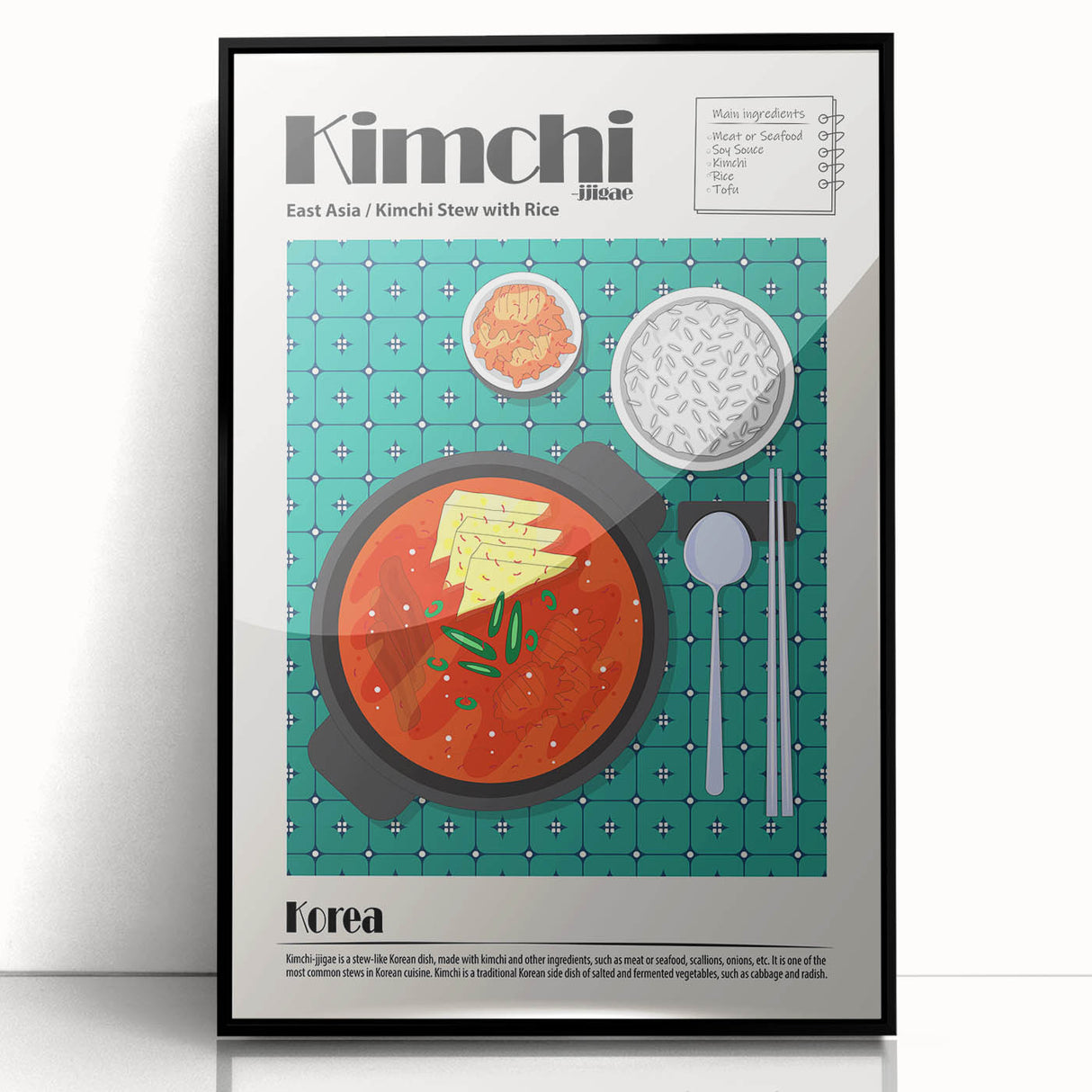 Large abstract wall art featuring assorted food dishes in mid-century modernist style.