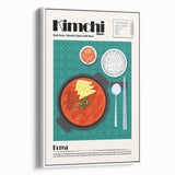 Vintage poster art of various colorful food dishes on a white framed canvas, suitable for extra large living room wall decor.