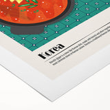 Art deco poster featuring an array of colorful food dishes on a rolled canvas, suitable for dining room wall art.