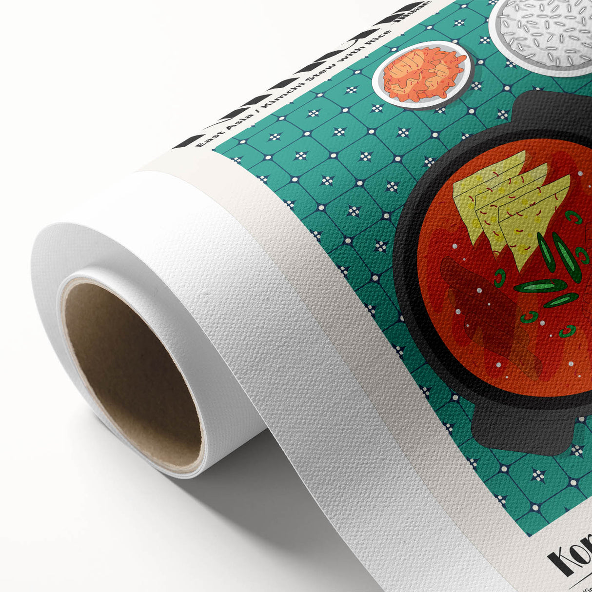 Art deco poster featuring an array of colorful food dishes on rolled canvas.