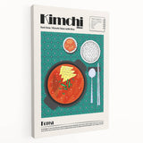 Large canvas featuring an array of illustrated international dishes, in vibrant colors, ideal for kitchen wall art.