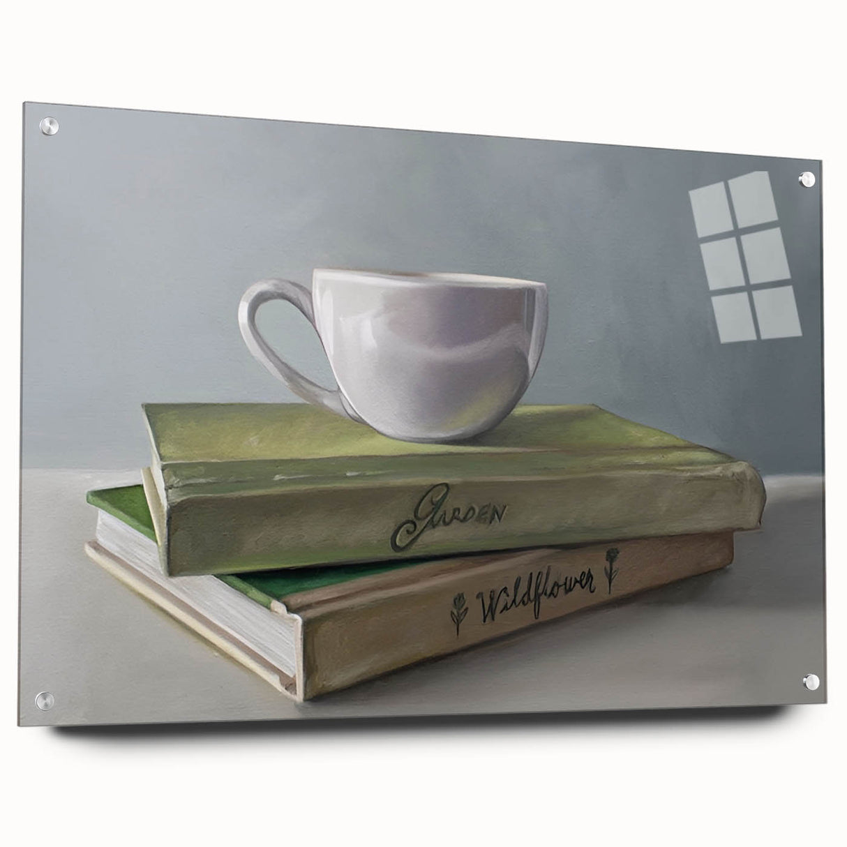 Large abstract wall art on acrylic glass depicting colorful food and drinks, suitable for dining room decor.